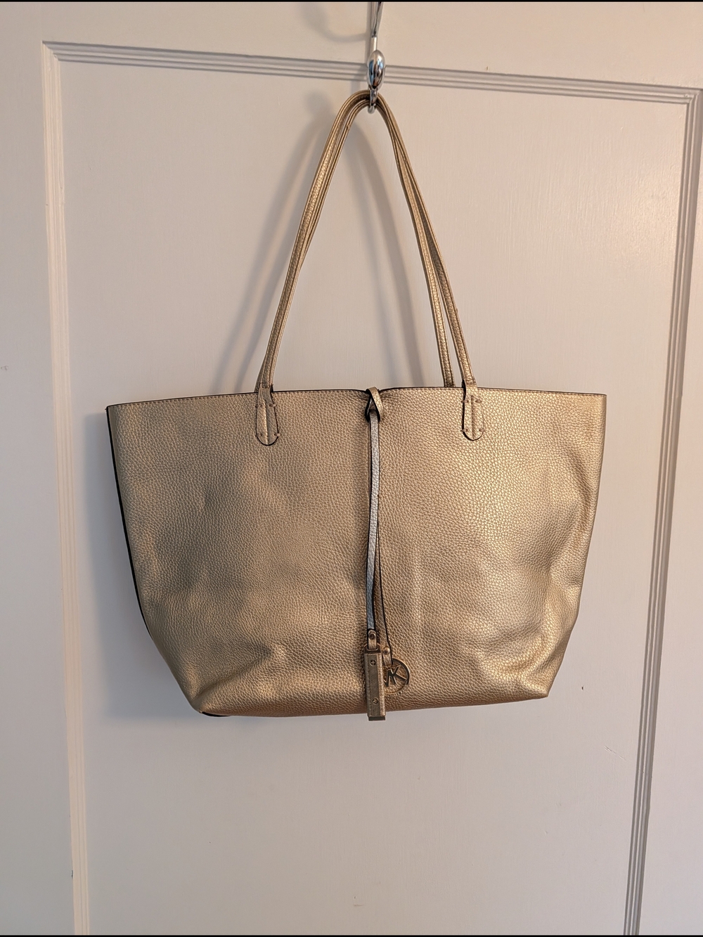 Reversible Metallic Gold Tote Bag with Hanging Charm - Women's Bag
